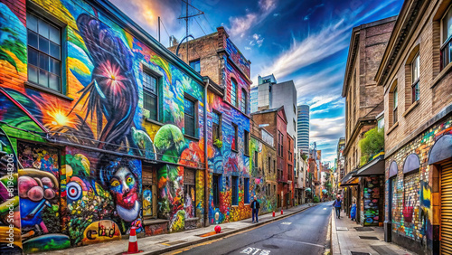 Panoramic view of a bustling city street adorned with various graffiti artworks, reflecting the vibrant energy of urban life  © rattinan
