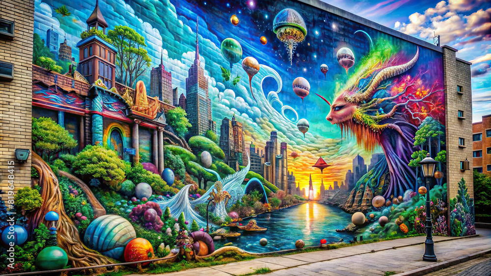 Full-wall graffiti mural depicting a surreal scene with fantasy elements, transforming the urban space into a realm of imagination 