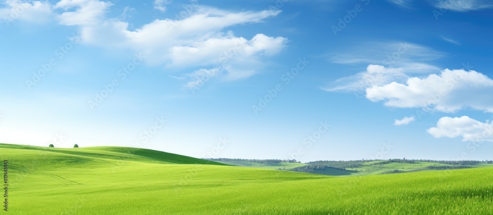 Scenic landscape with lush green grass stretching under a clear blue sky giving an impression of vastness and tranquility ideal as a copy space image