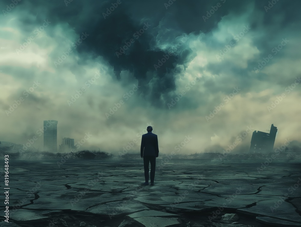 A lone man in a suit stands on cracked ground, facing a dark, stormy sky with ruined buildings in the distance.