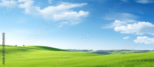 Scenic landscape with lush green grass stretching under a clear blue sky giving an impression of vastness and tranquility ideal as a copy space image