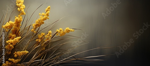 A perennial plant with a copy space image of yellow grass showing its texture and a loose branching cluster of flowers called a panicle photo
