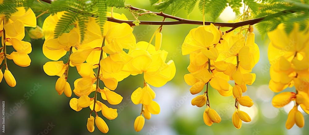 Obraz premium Golden shower also known as Cassia fistula is a beautiful yellow flower with various names like purging cassia Indian laburnum or pudding pipe tree perfect for a copy space image
