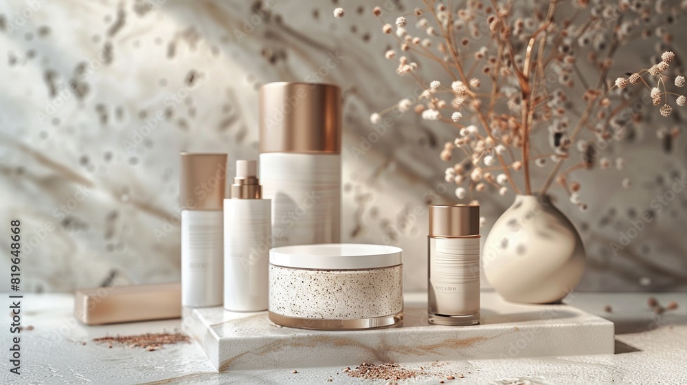 Cosmetic products in beige tones, elegant packaging, skincare focus, high resolution, photorealistic, detailed 8K , high-resolution, ultra HD,up32K HD Cosmetic products in beige tones, elegant packaging, skincare focus, high resolution, photorealistic, detailed 8K , high-resolution, ultra HD,up32K HD