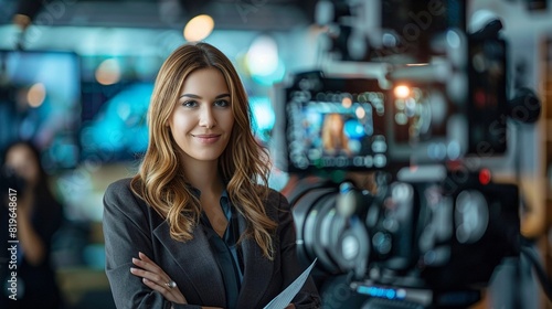 Broadcast journalist in front of a camera, reporting live, holding notes, background blur, high resolution, photorealistic, detailed 8K , high-resolution, ultra HD,up32K HD