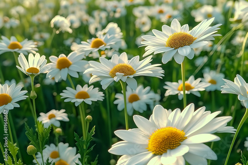 floral closeup  beautiful daisies in the meadow on a sunny day  white petals with yellow centers  green leaves  soft focus  photorealistic    ai-generated 