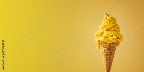 yellow ice cream with waffle cone isolated on a yellow background, mango, banana, lemon, pineapple ice cream, copy space