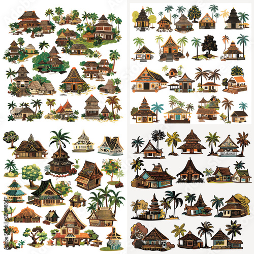 Tropical traditional village houses with thatched roofs, wooden architecture, palm trees, lush landscapes, and indigenous cultural aesthetics in a serene island setting