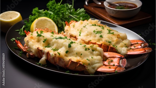 Lobster Thermidor, decadent French dish, lobster meat bathed in creamy, flavorful sauce