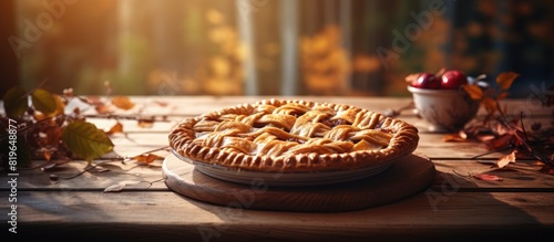 A delectable pie displayed on a rustic wooden table with a blurred background giving emphasis on the subject featuring copy space image