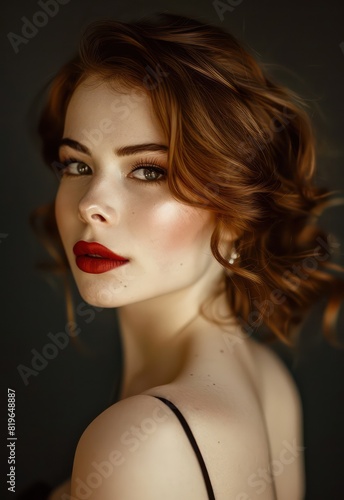 A stunning young woman with chestnut brown hair showcases flawless evening makeup  exuding elegance and grace as she gazes tenderly at the viewer.
