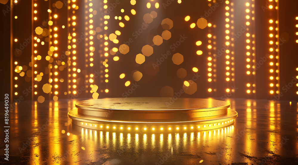 A golden podium with glittering lights in the background, perfect for showcasing products or featuring award-winning footage minimal design A golden podium with glittering lights in the background, perfect for showcasing products or featuring award-winning footage minimal design