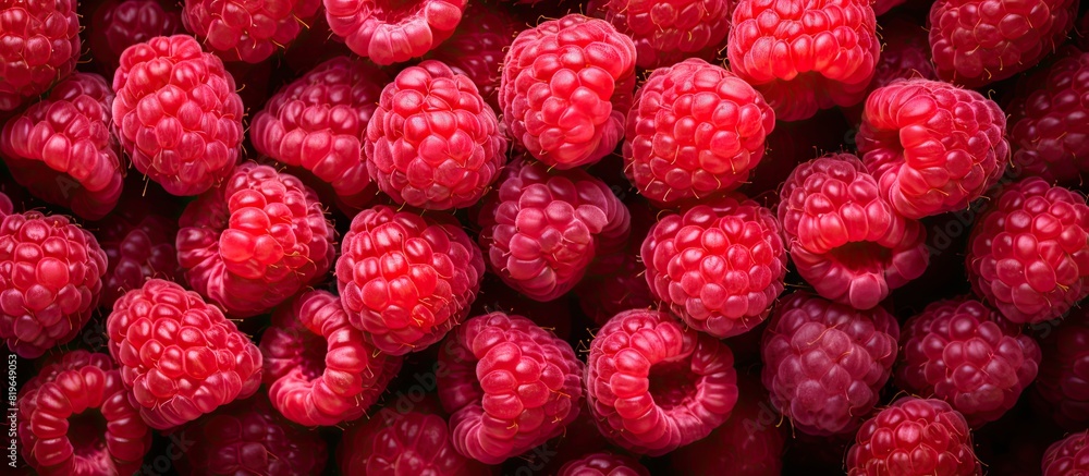 Close up top view of a delicious raspberry heap forming a textured background with copy space image Close up top view of a delicious raspberry heap forming a textured background with copy space image