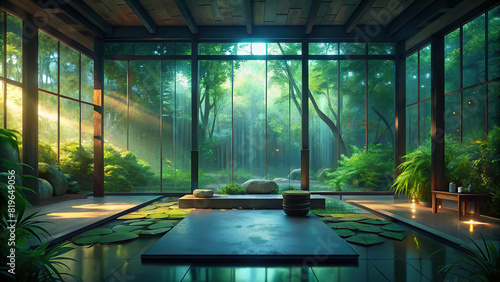 A tranquil meditation room with floor-to-ceiling windows overlooking a lush garden, creating a serene oasis for inner reflection. photo