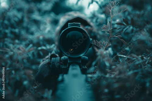 A man is looking through a scope of a rifle