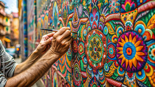 Close-up of a street artist's hand painting intricate designs on a city wall, showcasing the creative process. photo