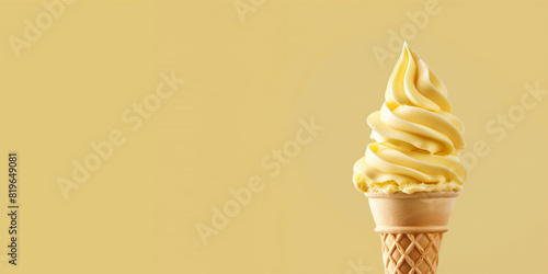 yellow ice cream with waffle cone isolated on a yellow background, mango, banana, lemon, pineapple ice cream, copy space
