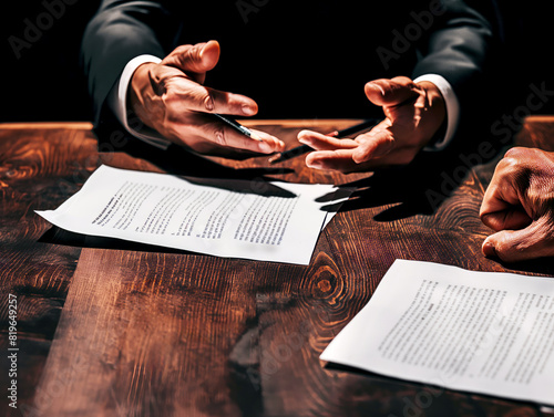 Two hands gesturing during a business discussion over documents, set against a wooden table background, depicting negotiation. Generative AI photo