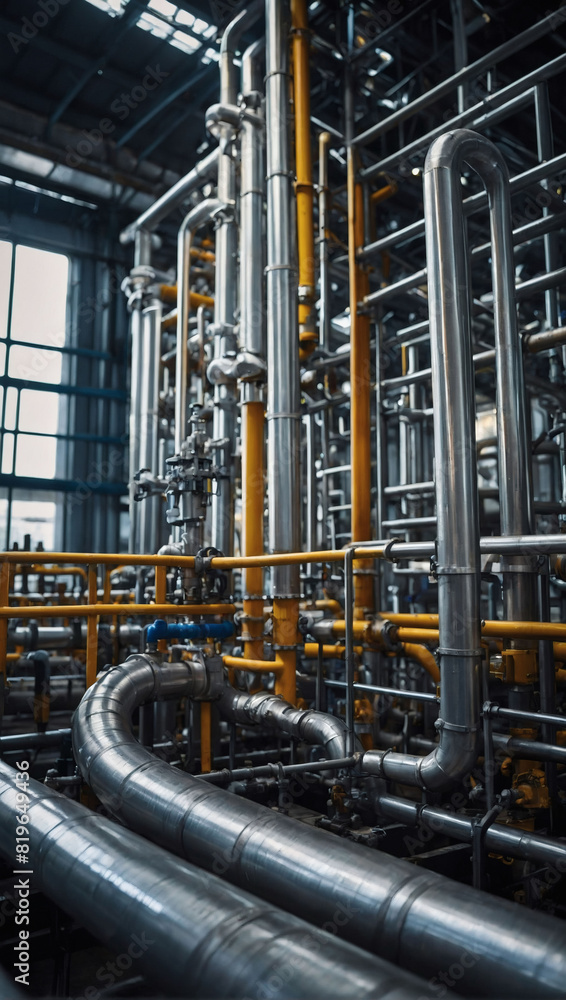 Liquid Distribution, Close-Up View of Pipeline and Pipe Rack in Industrial Plant.