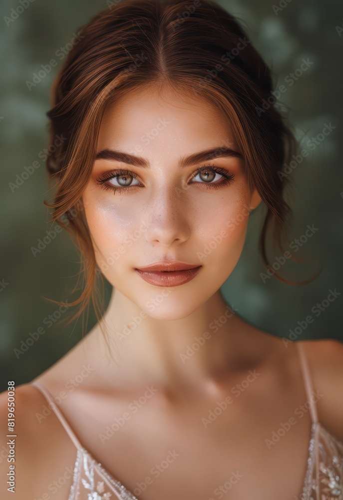 Naklejka premium A vision of beauty and sophistication, a young woman with brown hair and delicate evening makeup gazes directly at the viewer, exuding confidence and grace.