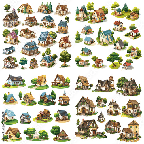 Charming countryside village houses with cozy cottages, rustic architecture, thatched roofs, lush greenery, fairytale-inspired homes, and picturesque rural landscapes.