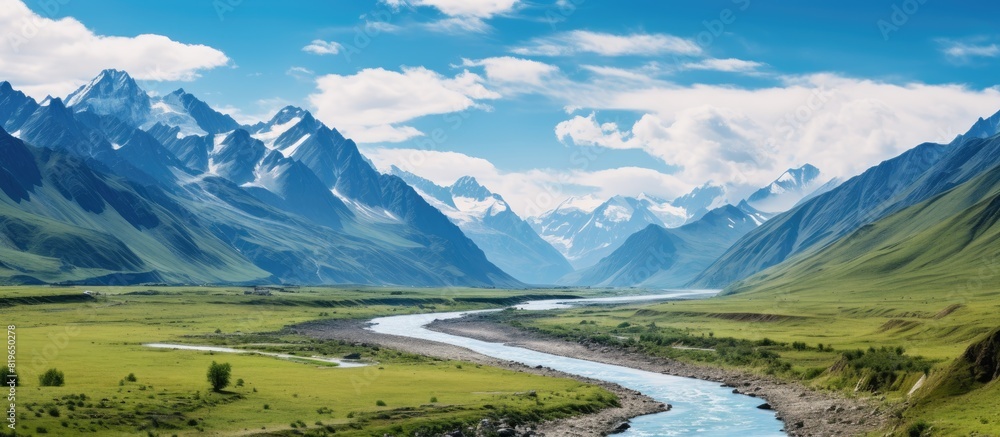 Obraz premium Altay s pure natural beauty can be seen in an enchanting mountain valley with a river below creating a captivating scene for a copy space image