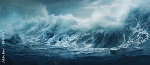 Powerful cerulean waves crashed violently against the rugged shoreline creating a dramatic scene with copy space image