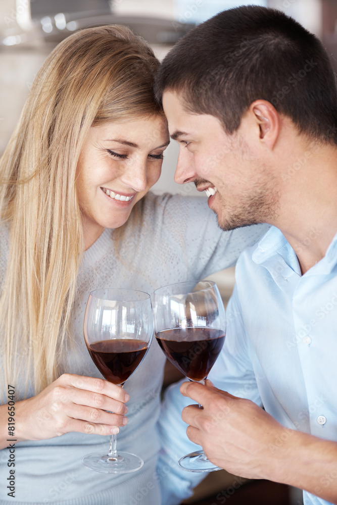 Happy couple, wine and cheers with glass for date, love or romance in kitchen at home. Man and woman with smile enjoying alcohol, drink or beverage together on romantic dinner, meal or lunch at house Happy couple, wine and cheers with glass for date, love or romance in kitchen at home. Man and woman with smile enjoying alcohol, drink or beverage together on romantic dinner, meal or lunch at house