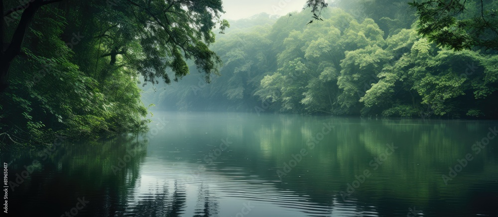 Tranquil lake in a peaceful forest setting with copy space image Tranquil lake in a peaceful forest setting with copy space image