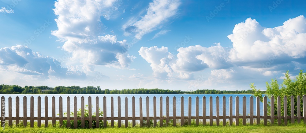 Naklejka premium A wooden fence stands by the river against a backdrop of a sunny blue sky with fluffy clouds providing a charming scene with copy space image