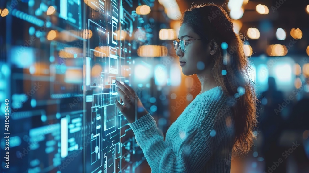 Fototapeta premium A woman is looking at a computer screen with a blue background