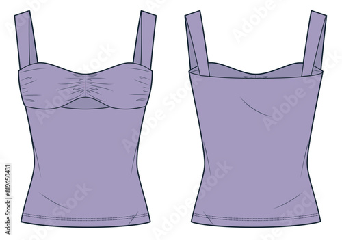 Striped Top technical fashion illustration. Bustier Top fashion flat technical drawing template, draped, slim fit, front and back view, pastel lilac color, women CAD mockup.