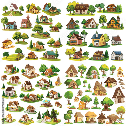 Charming countryside village houses with rustic cottages, thatched roofs, lush greenery, scenic landscapes, and fairytale-inspired traditional architecture.