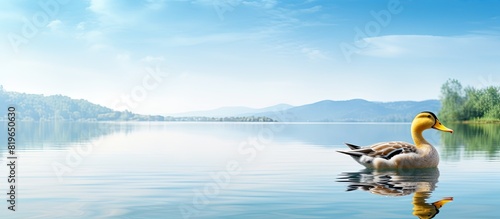 The stunning duck in the picture with a serene lake in the background captivates the eye offering ample copy space image © Ilgun