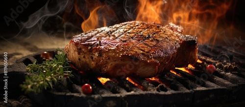 A succulent pork steak sizzling on the grill with a beautiful charred crust eager to be devoured set against a rustic background with copy space image photo