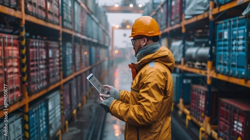 A man in a yellow jacket is looking at a tablet while standing in a warehouse