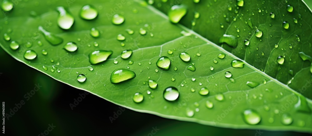 A vibrant green leaf with dew drops in a close up shot provides a striking copy space image A vibrant green leaf with dew drops in a close up shot provides a striking copy space image
