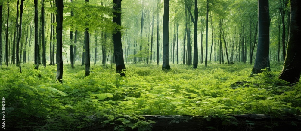 Obraz premium Lush spring forest landscape with dense patches of stinging nettle providing a natural backdrop for a copy space image