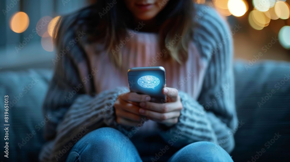 Fototapeta premium A woman is looking at her phone with a chat bubble on the screen