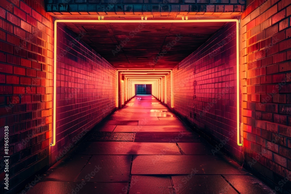 Neon illuminated brick warehouse with modern art display