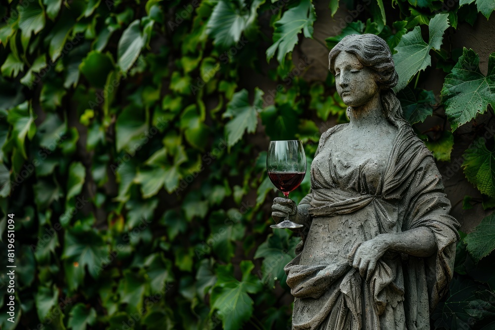 Classical Sculpture Holding Red Wine, Surrounded by Lush Vegetation