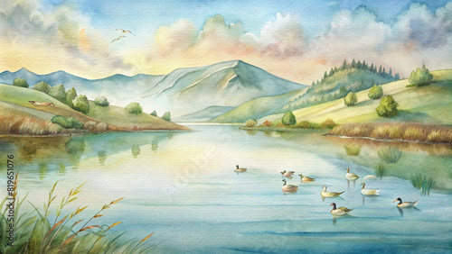 An idyllic scene of a tranquil lake nestled between rolling hills, with a flock of geese gracefully gliding across its shimmering surface photo