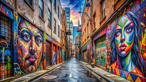 Panoramic view of a street art alleyway with graffiti murals covering both sides, creating an immersive urban experience photo
