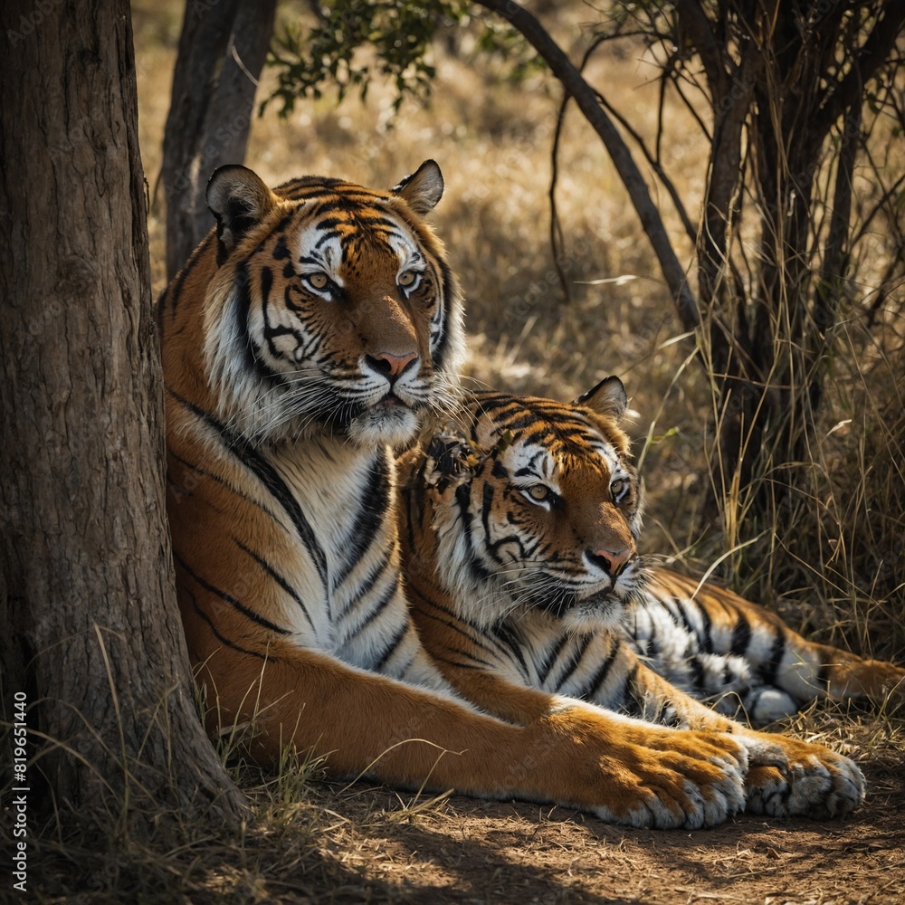 Obraz premium A tiger resting peacefully under the shade of a large tree in the savanna.