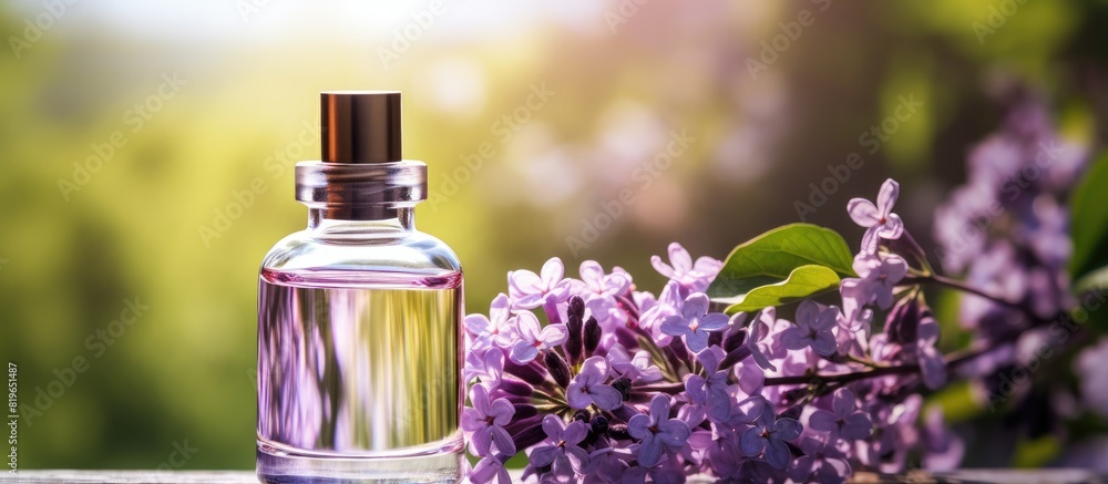 Beauty oil bottle with lilac flowers focusing on the copy space image Beauty oil bottle with lilac flowers focusing on the copy space image