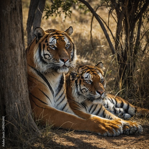 A tiger resting peacefully under the shade of a large tree in the savanna.  