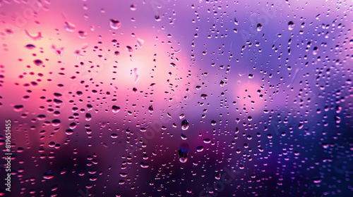 Purple and pink gradient background with water drops on glass