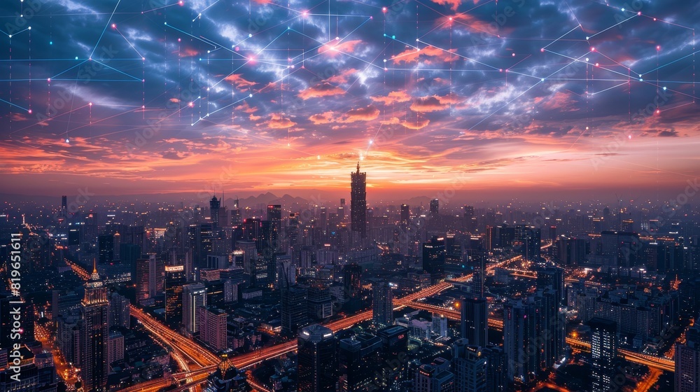 Fototapeta premium A city skyline with a beautiful sunset in the background