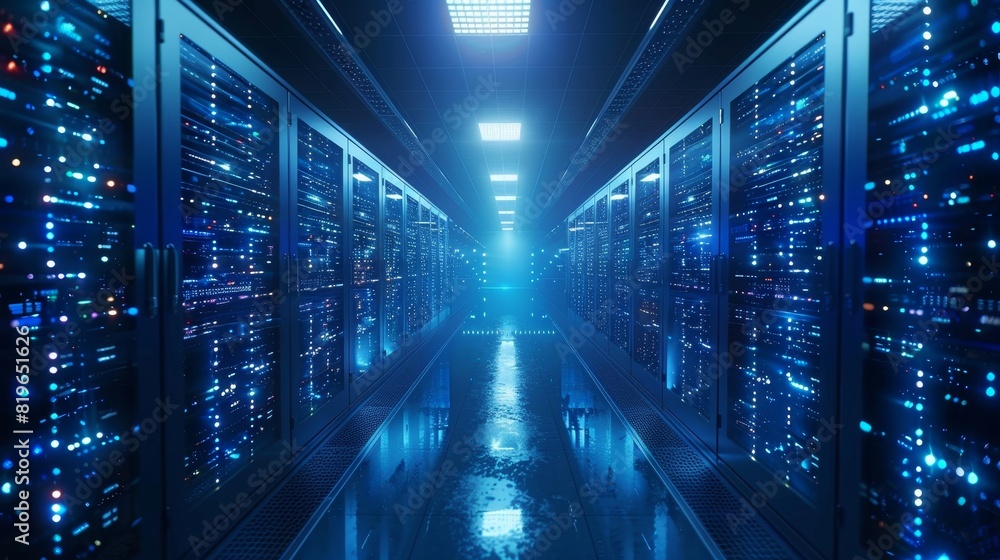 A long hallway with many computer servers A long hallway with many computer servers