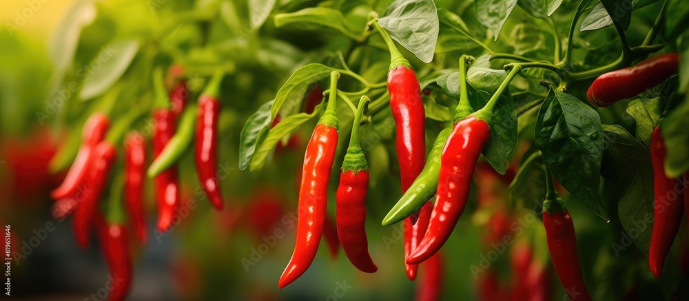 Vibrant red and green fresh chili peppers adorning the garden after a morning rain creating a colorful display for capturing stunning photos with ample copy space image